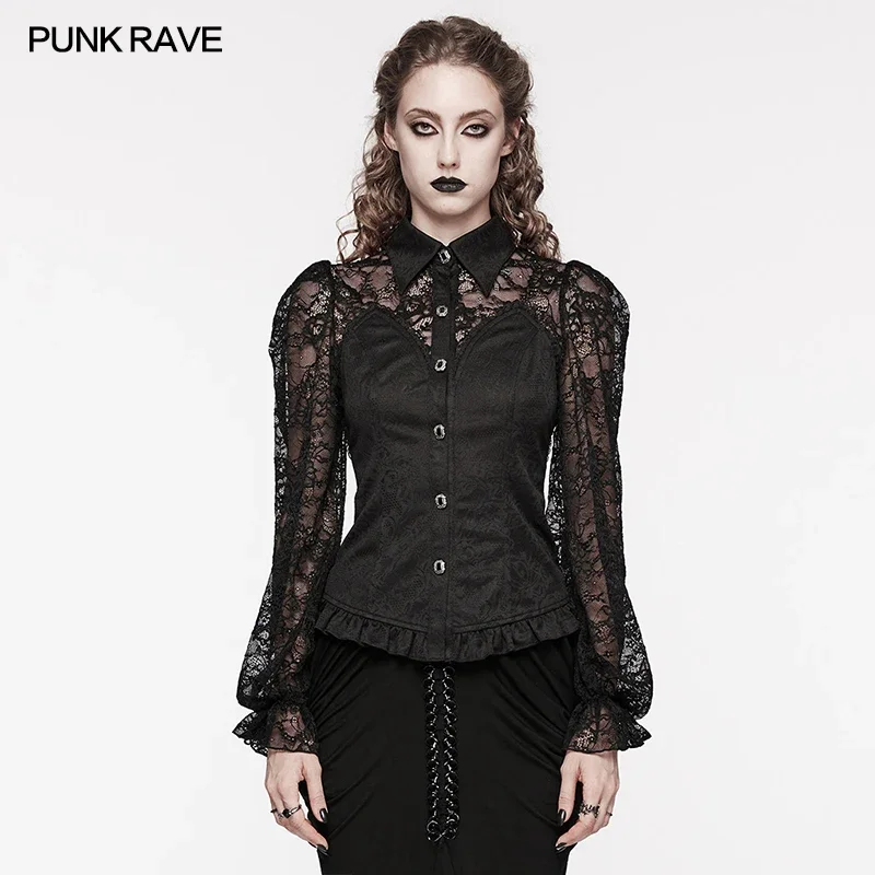 

PUNK RAVE Women's Gothic Lace Balloon Sleeve Adjustable Drawstring Shirt Exquisite Hand-stitched Button Decoration Club Tops