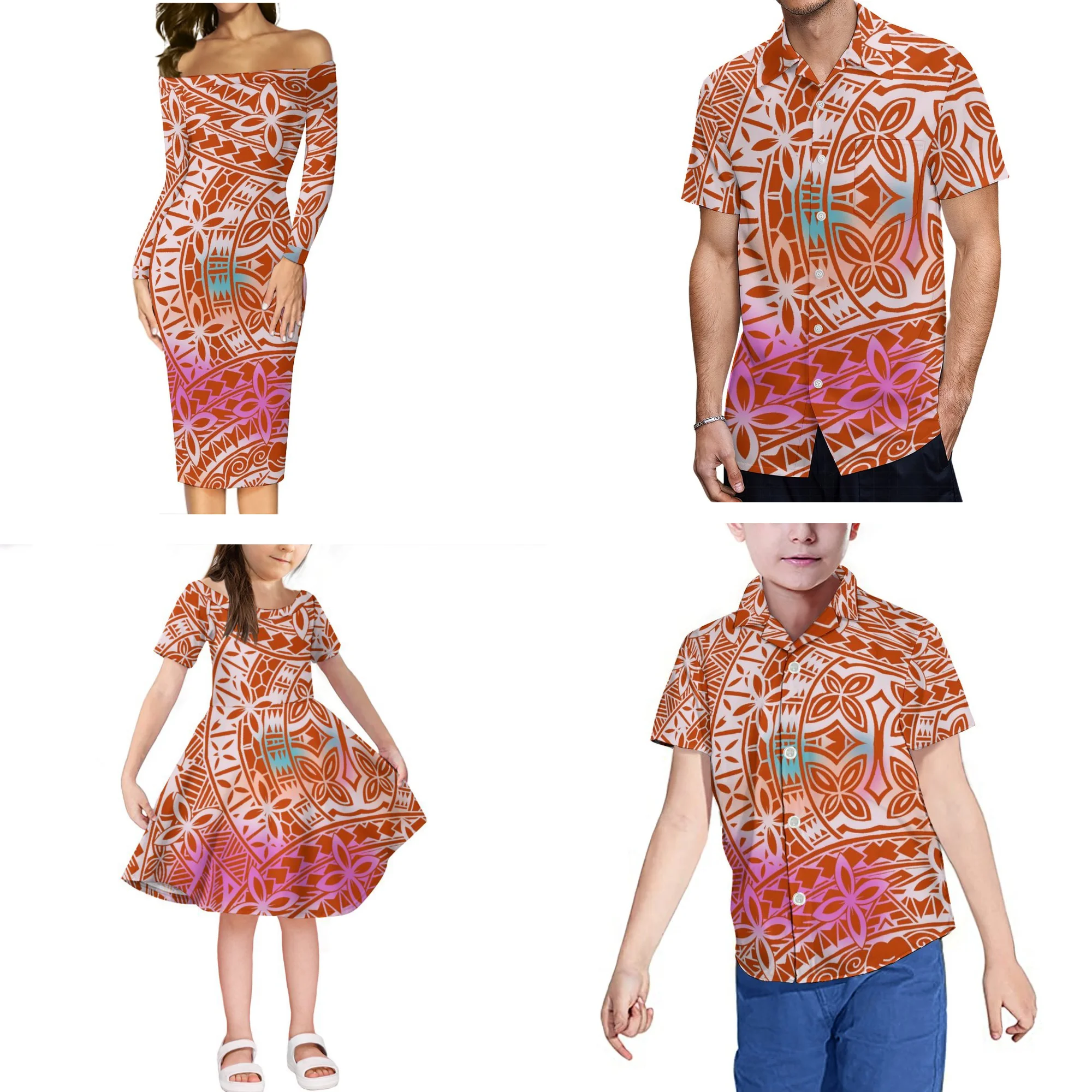 Hete Verkoop Polynesische Samoa Tribal Print 4 Stuks Set Mode Vrouwen Lange Mouw Maxi Jurk Match Mannen Shirts Kinderen T-Shirt