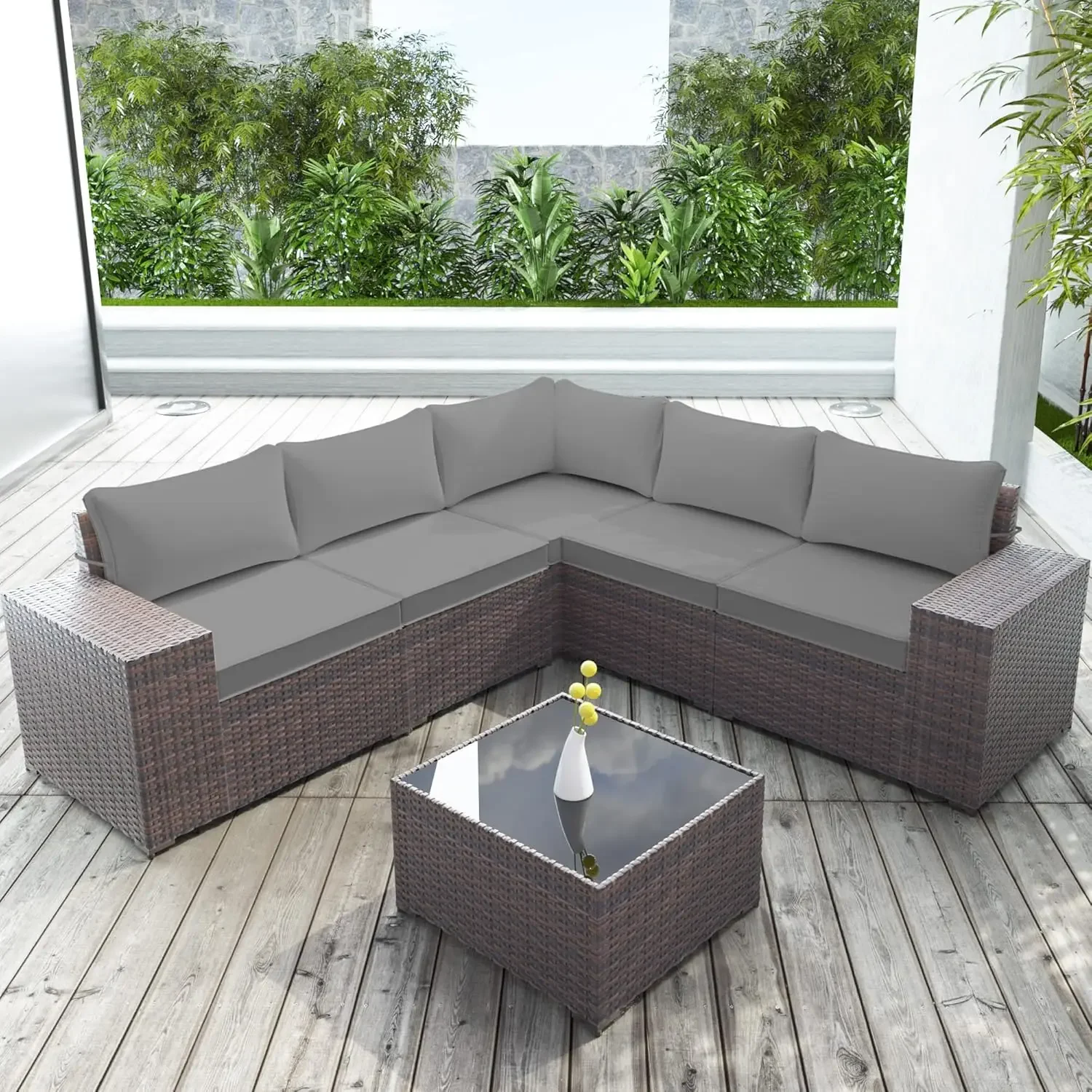 6-Piece Patio Furniture Set, All-Weather PE Rattan Outdoor Sectional with Replaceable Grey Waterproof Cushions and Coffee Table