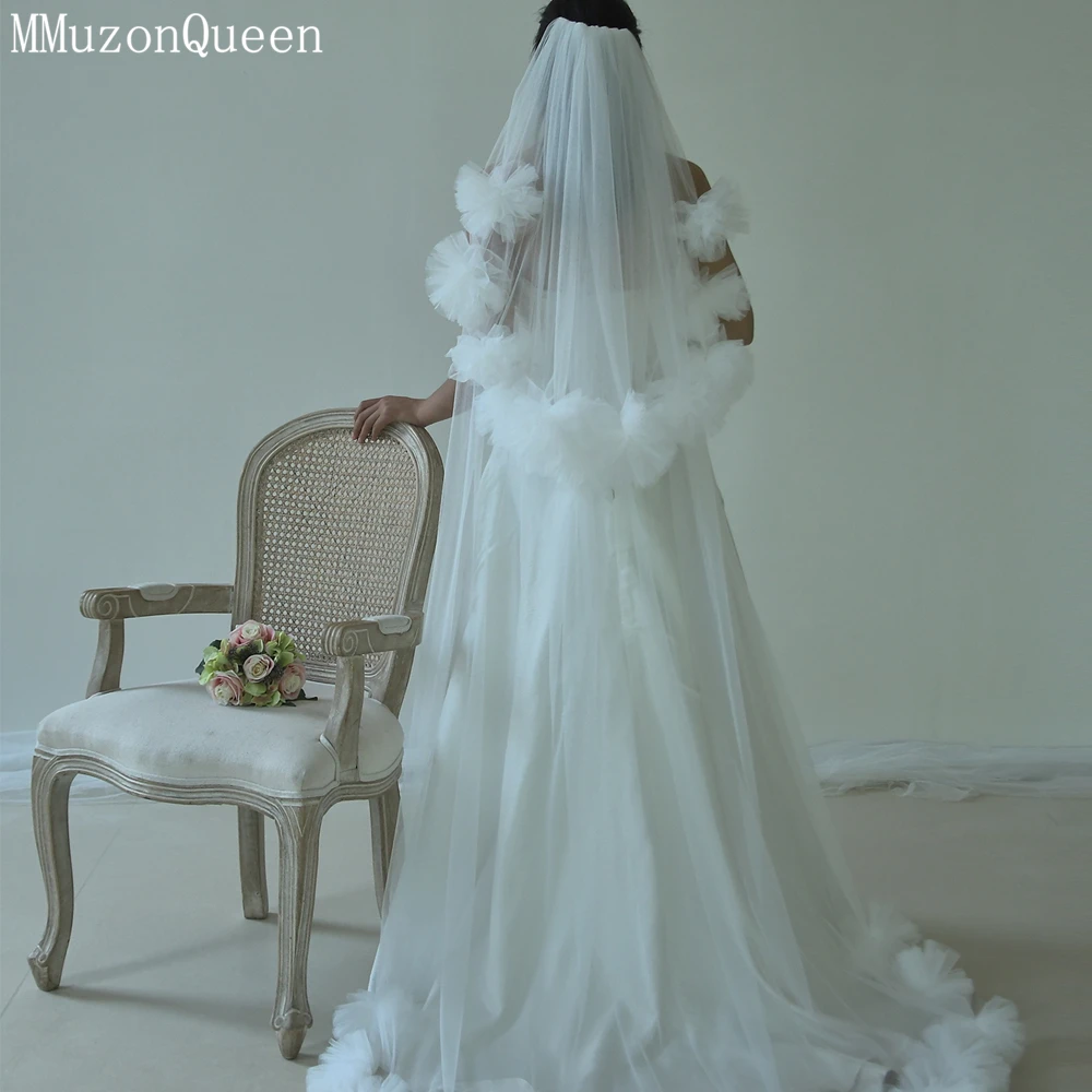 MMQ 3D Flower Bridal Headdress Waltz Wedding Veil Double layered White Tail Wedding Accessories Things for weddings M136 image 3