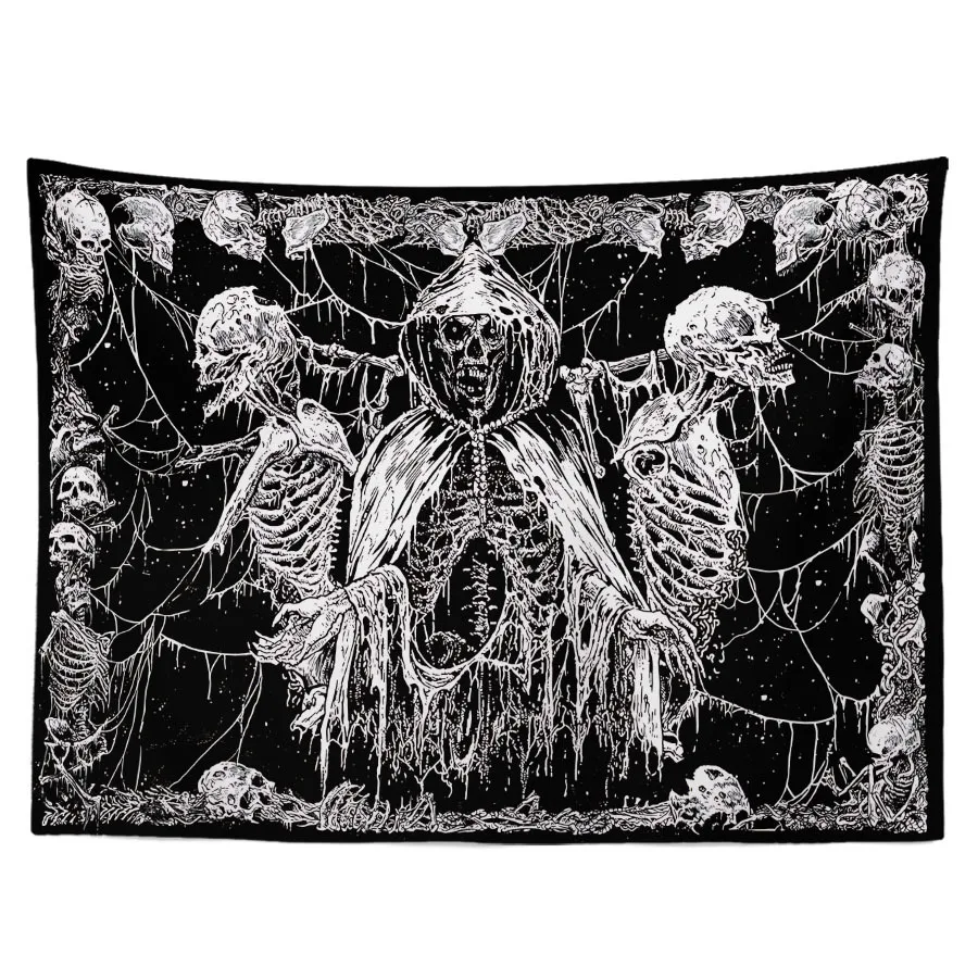 Grim Reaper Skeleton Tapestry: Gothic Horror Wall Art for a Spooky, Dramatic, and Unique Decor Statement