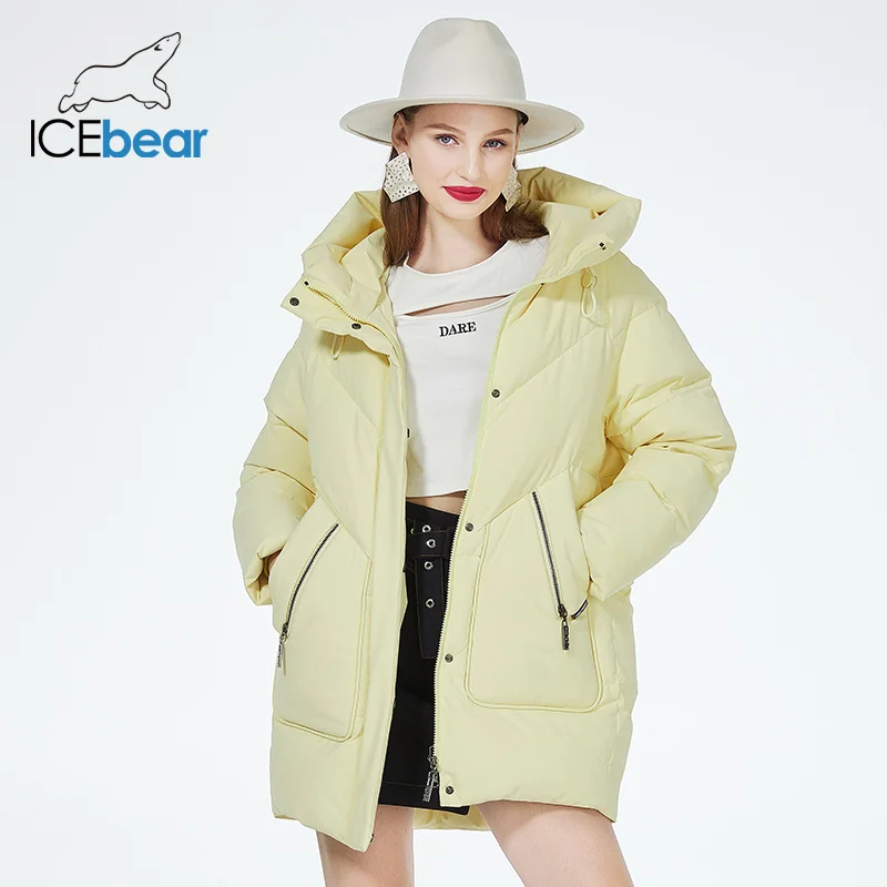 ICEbear acolchada-Chaqueta de algodón para mujer, abrigo informal de longitud media con capucha, a prueba de viento, ropa de marca, invierno,