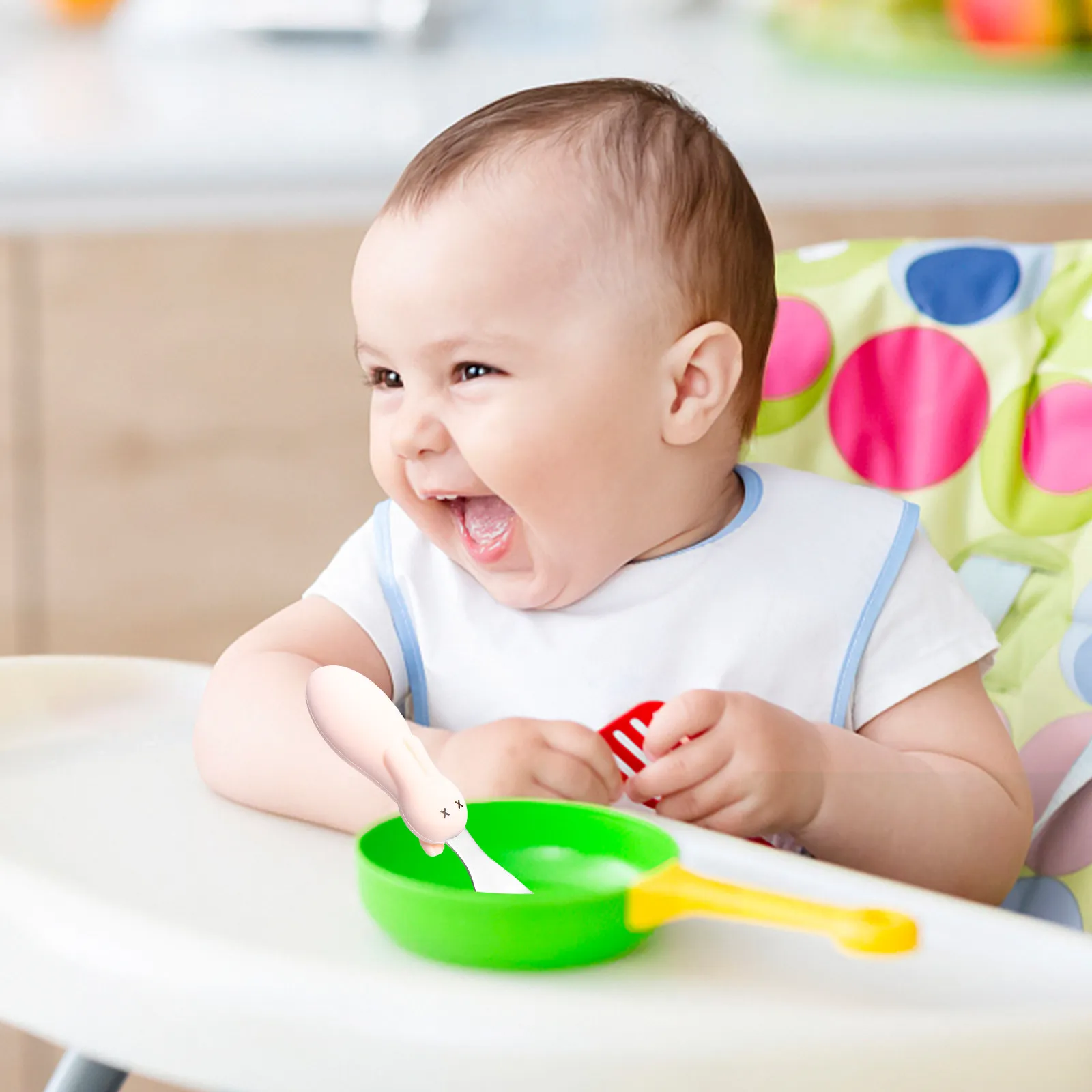 1Set Baby Silicone Stainless Steel Spoon Fork Set Short Handle Training Tableware Cartoon Rabbit Design Feeding