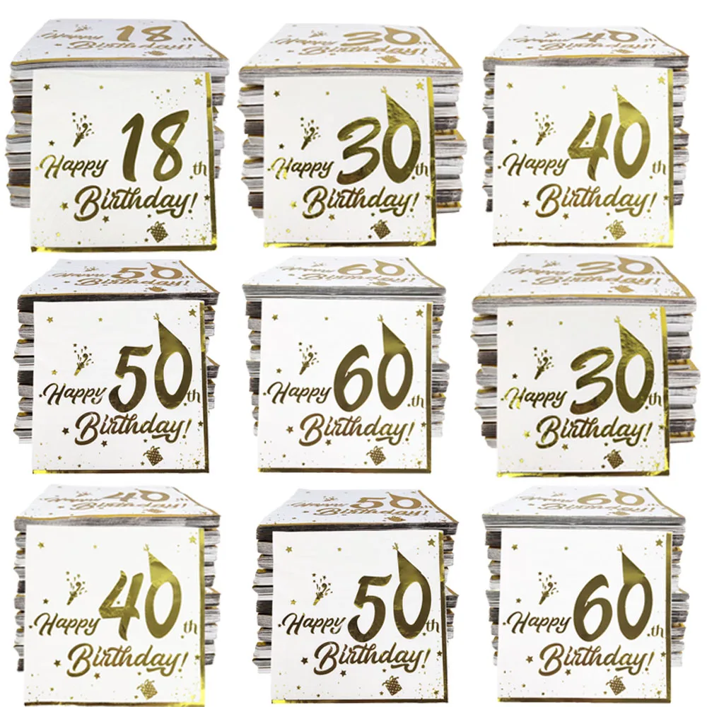 20 قطعة 18th 30th 40th 50th 60th حفلة عيد ميلاد المناديل الذهب الأبيض الزفاف الذكرى المناديل المتاح أدوات المائدة المناديل