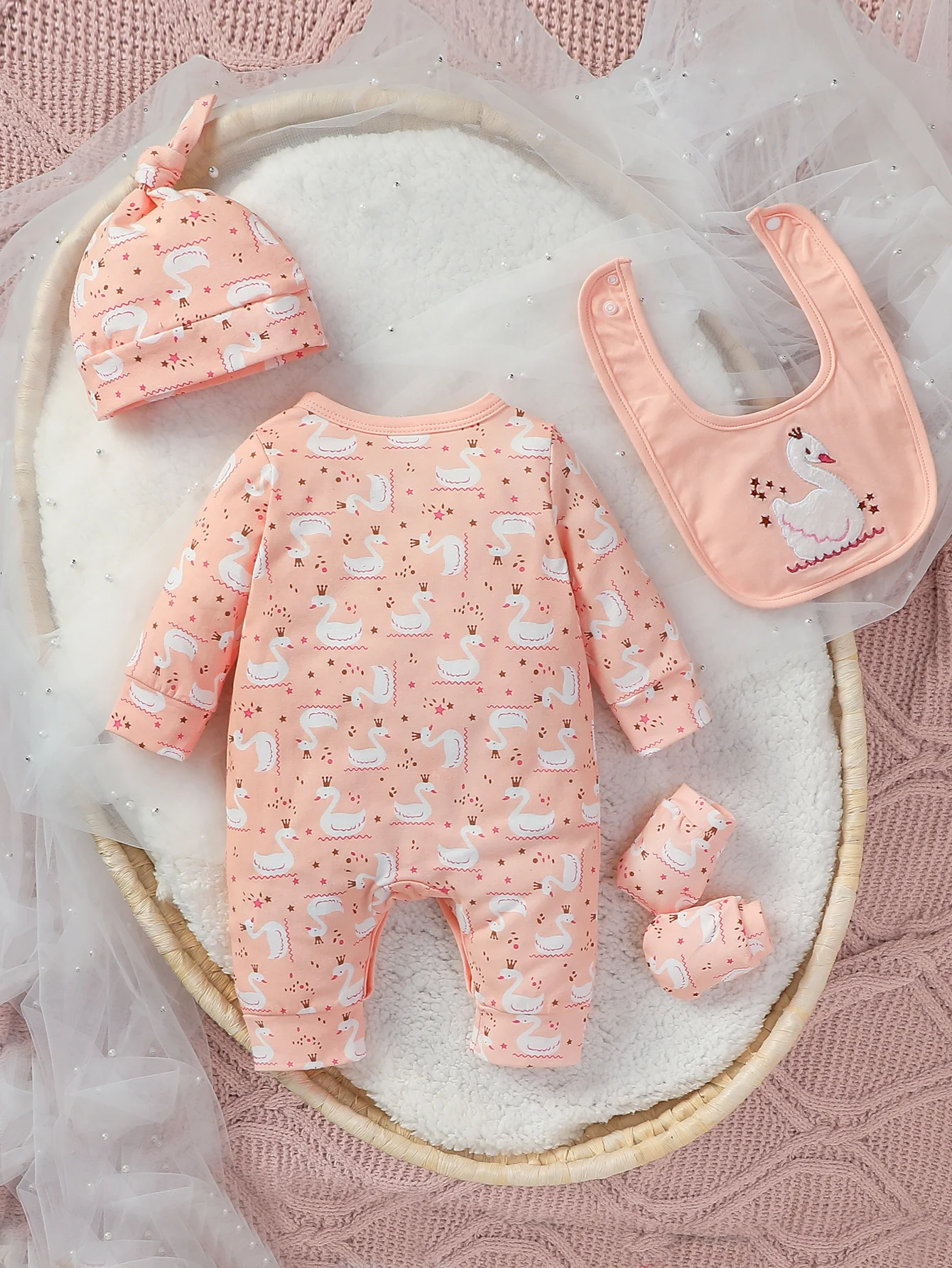 4Pcs 2024 Baby Clothes Cotton Newborn-6M   Jumpsuit Cartoon Swan Print Girls Outfit  Rompers Clothing+Hat+Bib+Gloves