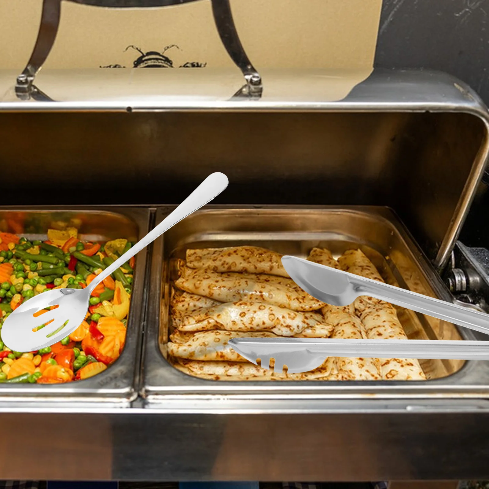 

18 шт., набор сервировочных принадлежностей из нержавеющей стали, многофункциональные ложки для шведского стола, ложки с прорезями, щипцы для салата, скиммерная ложка для общественного питания