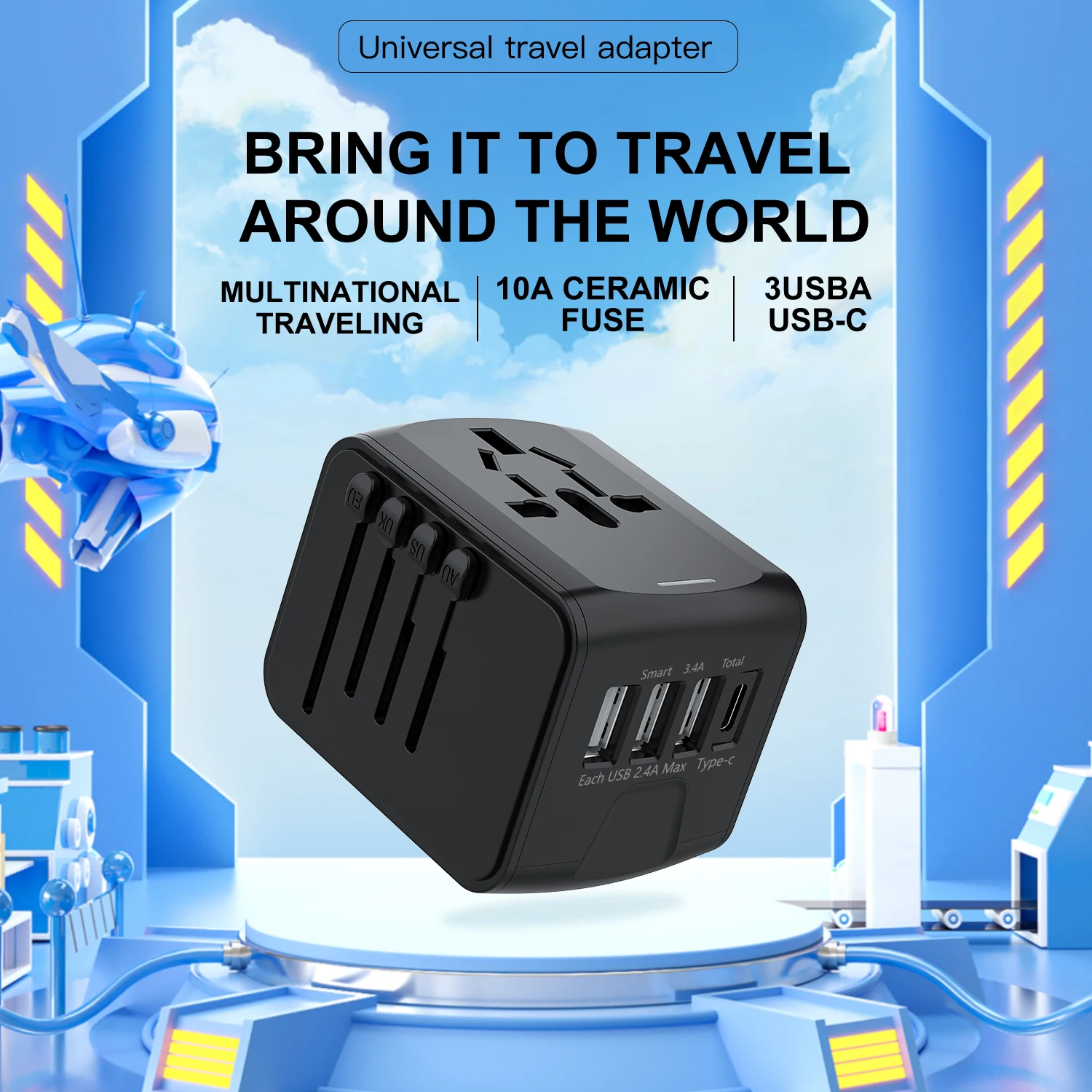 Universal Travel Adapter, High Speed 3.4A 4*USB, Type-C And 3* USB-A for Europe UK EU US CA AU