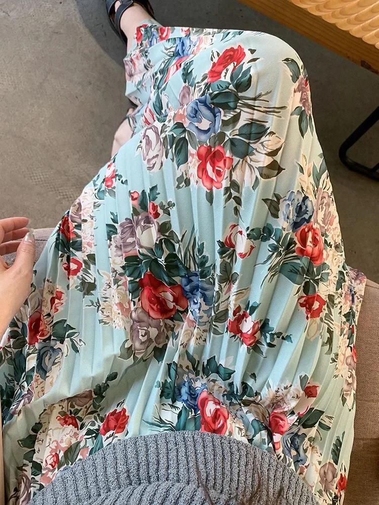 

Floral Pleated Skirt Women's Clothing High Waist Loose Jupe Fashion Summer 2024 Faldas Mujer De Moda Sweet Pleated Skirts