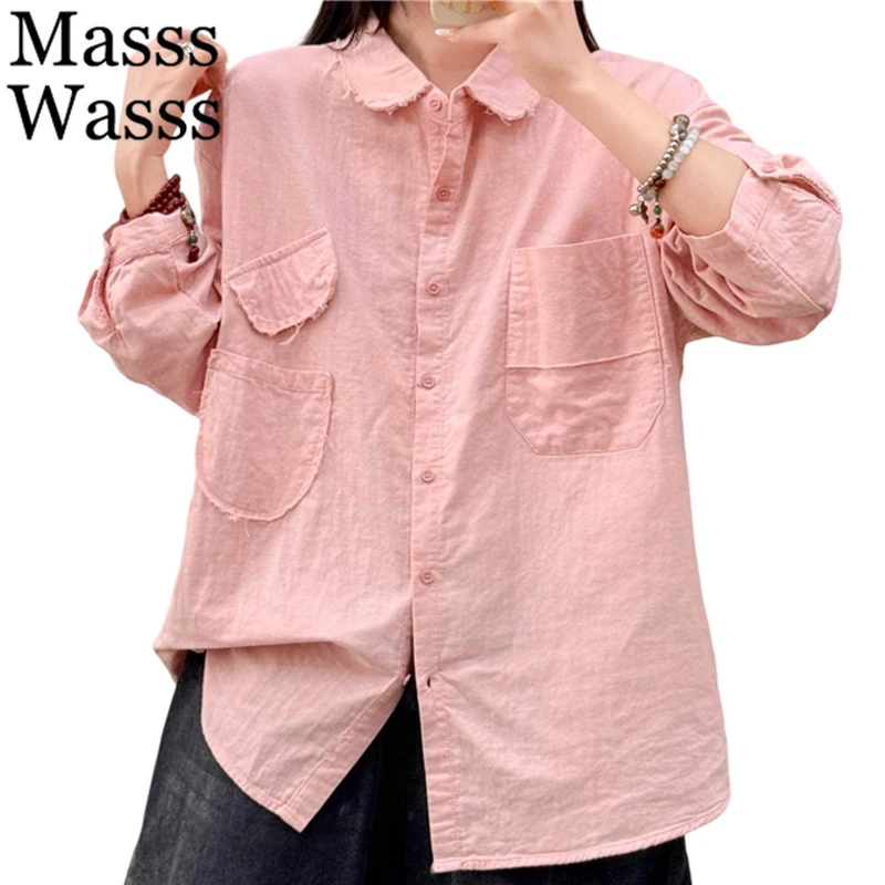 

Masss Wasss 2025 Japanese Ladies Fashion Autumn Casual Shirts Solid Cotton Tops Womens Loose Classic Elegant Long Sleeve Blouses