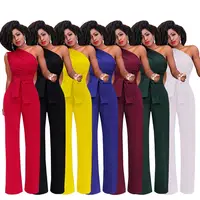 Women's Jumpsuit Solid Skew Collar Crop Top Straight Pants Belt Sexy Sleeveless Loose Pants Elegant Charming Playsuits 2024