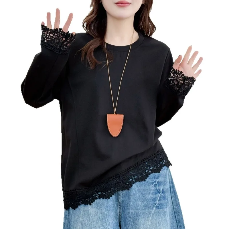 Women Long Sleeve Base Top Spring Lace Splice Crew Neck Hide Belly Elegant Casual Blouse