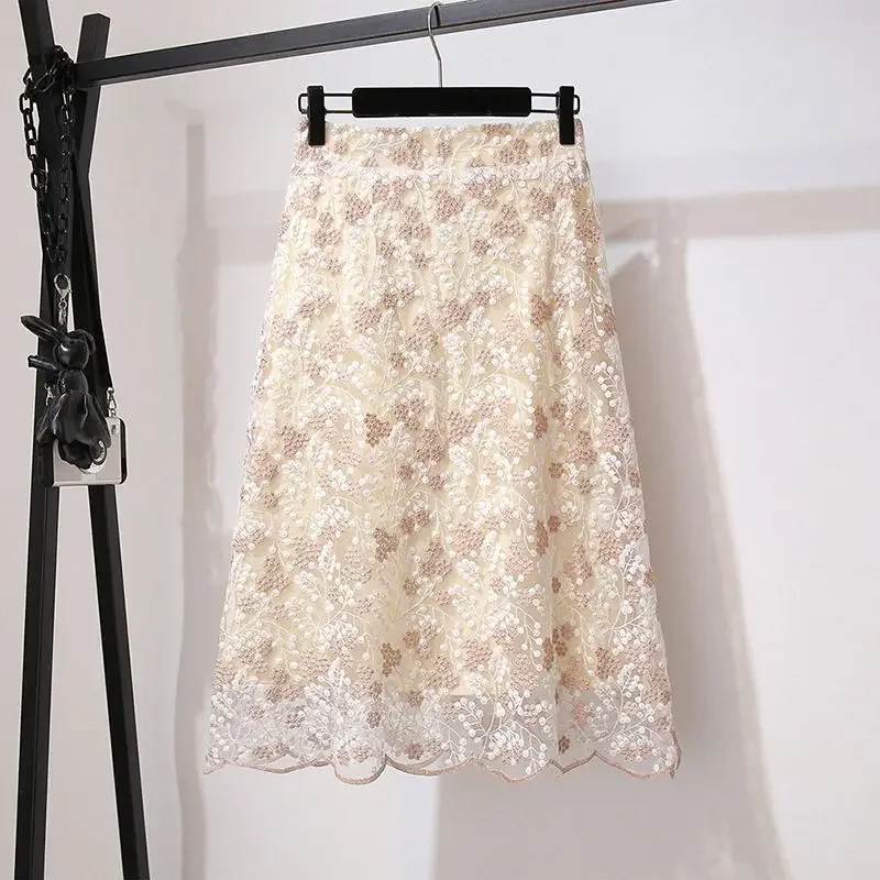 

Fashion Floral Heavy Industry Embroidery Lace Skirt Women High Quality Slim Office Lady Classic A-word Large Swing Skirt B146