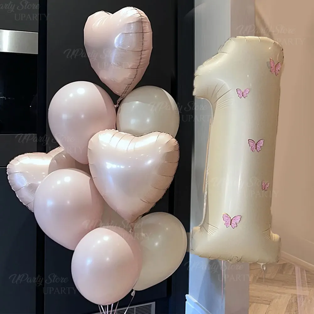 22 шт. бежевые цифры с бабочками, латексные белые песочные пыльно-розовые 0-9 воздушные шары из фольги с номером в форме сердца для декора детского душа на день рождения