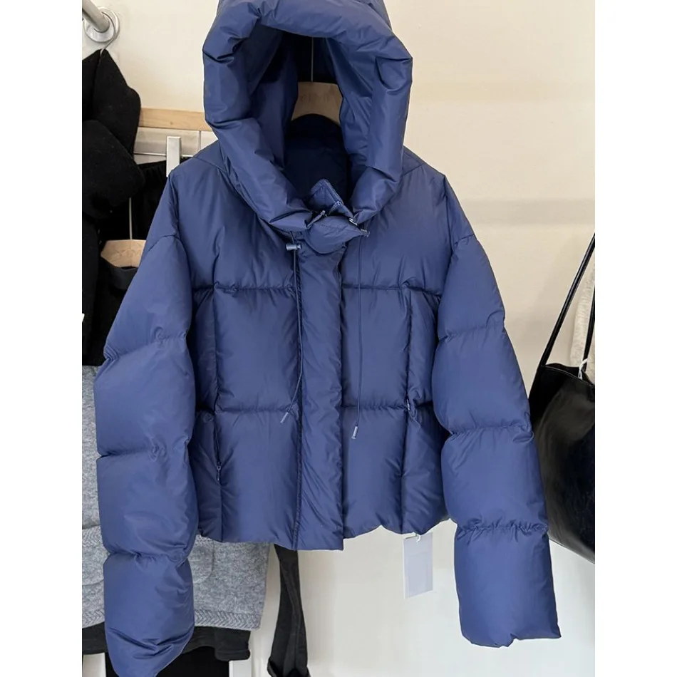 

Women's 2025 New Style Blue Short Hooded Cotton-padded Jacket, Warm and Thickened Bread Coat