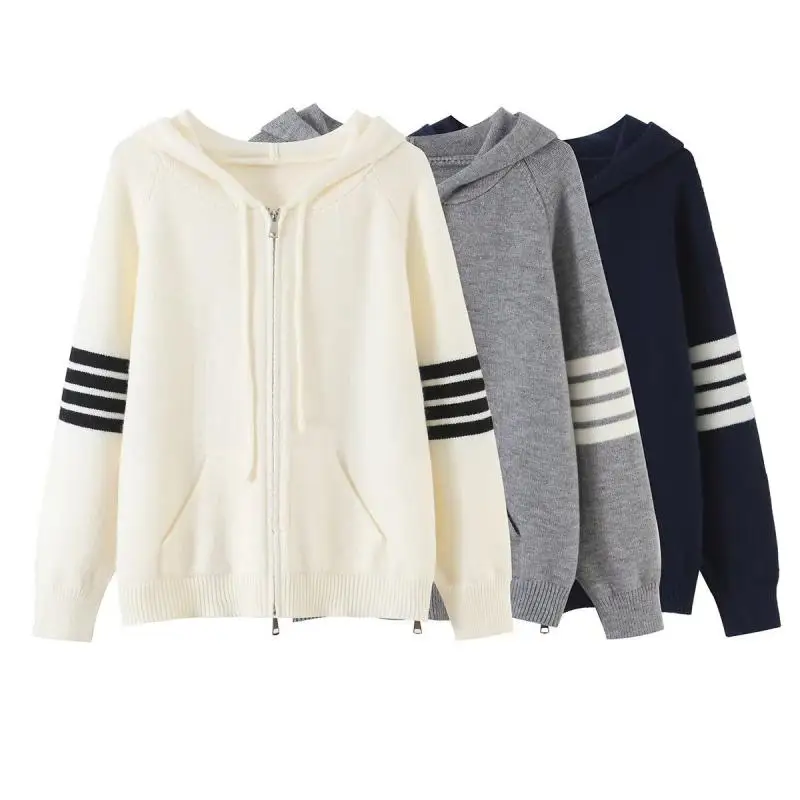 Maxdutti American Retro Casual College Style Hooded Cardigan Women's Sweater Knitwear Woman Clothes Cardigan Zippers Jacket Tops