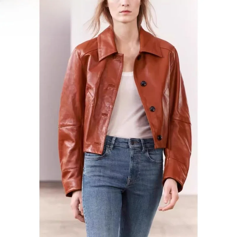 

Fall 2024 Ele Versatile Long Sve Notch Collar Button Decorated Leather ort Jaet Outerwear 966043 Commute Sle Lo...