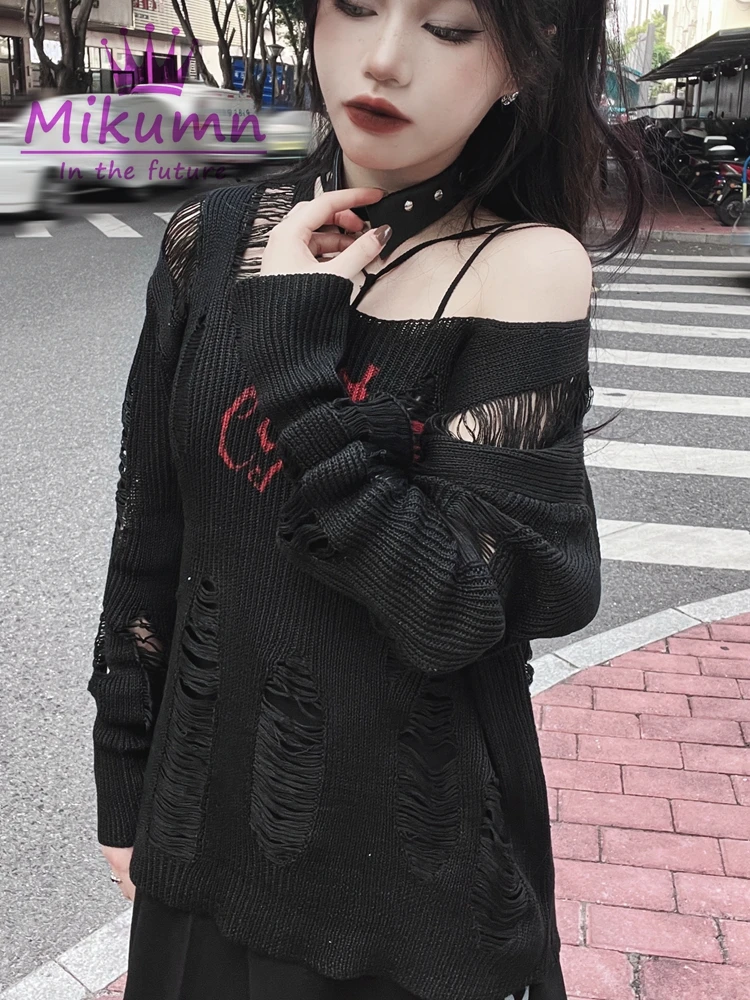 Punk Rock Broken Sweater Y2k Aesthetic Gothic Letter Printed Black Sweater Long Sleeve Hollow Out Knit Pullover Chic Streetwear