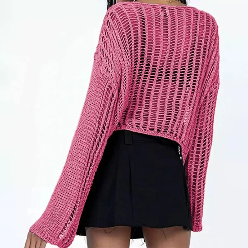 2024 Spring/Summer Knitted Shirt Women's Hooked Cover Up Off Shoulder Hollow Women's Knitted Knitted Shirt SFC8-3