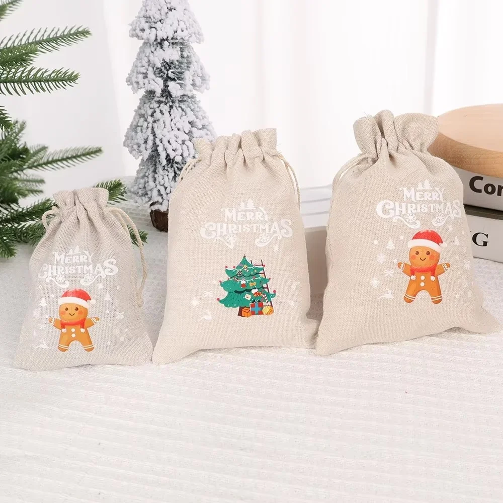 20 PCS Christmas Drawstring Gift Bags Cute Santa Claus Snowflake Elk Cotton Linen Storage Bags New Year Party Candy Pouches