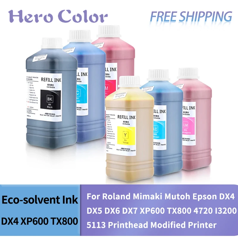 1000ml Eco-solvent Ink For Roland Mimaki Mutoh Epson DX4 DX5 DX6 DX7 XP600 TX800 4720 I3200 5113 Printhead Modified Printer