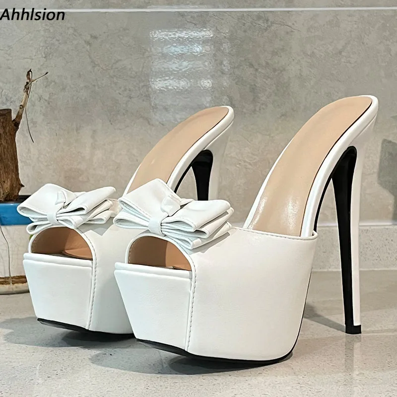 

Ahhlsion/Новые женские летние сандалии-мюли, пикантные туфли на шпильке с круглым носком, красивые белые туфли с узлом, женские размеры США, большие размеры 5-20