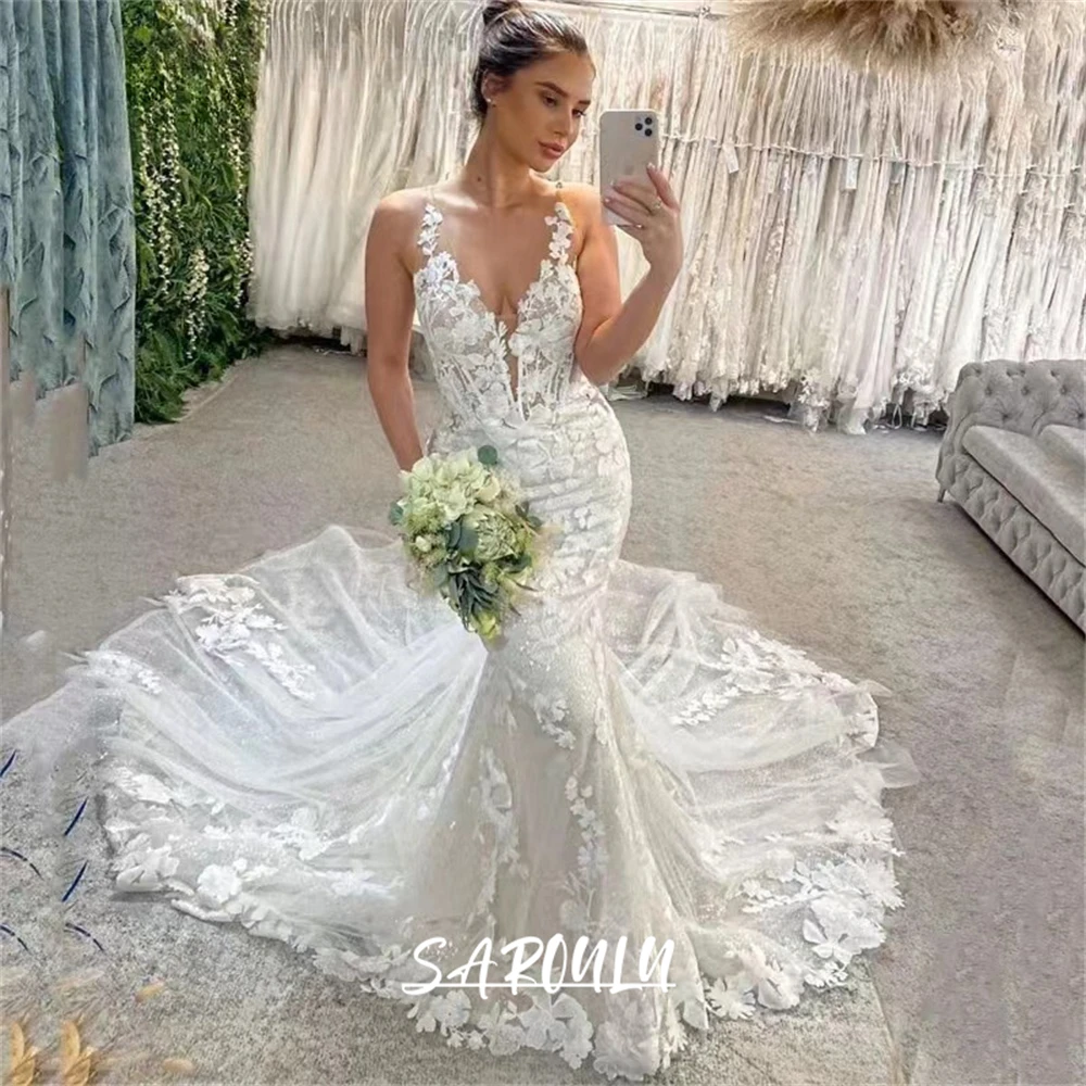 Vestido de novia de cola acampanada y ajuste grande, Sexy, tirantes finos, encaje, novia para ser 2024