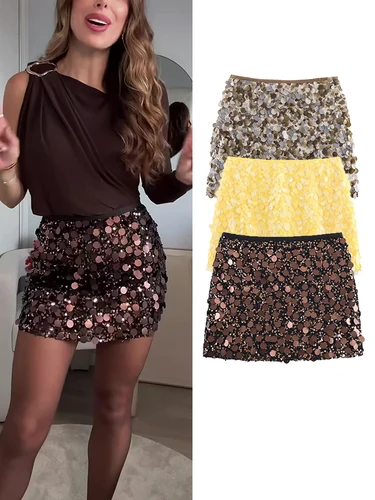 Minifaldas sexis con lentejuelas para mujer, faldas de calle informales elegantes de cintura alta con cremallera lateral a la moda de Color sólido