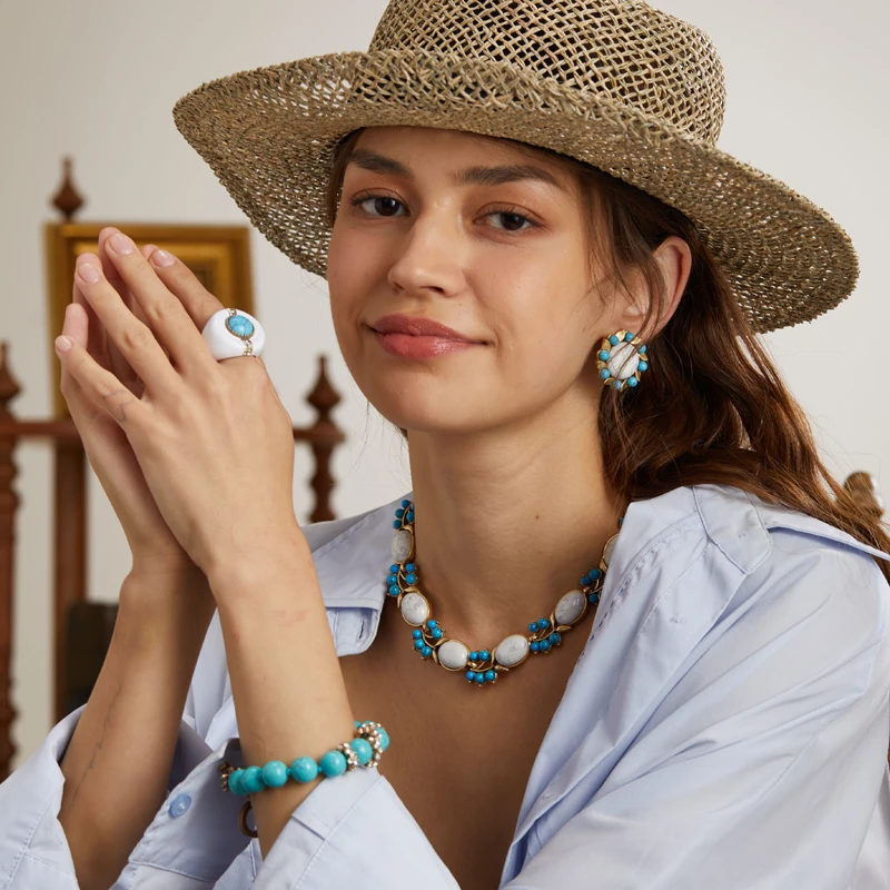 

Vintage Turquoise Choker Necklace Opal Natural Stone Elegant For Women Jewelry Flower Party Luxury Designer Anniversary 2025 New