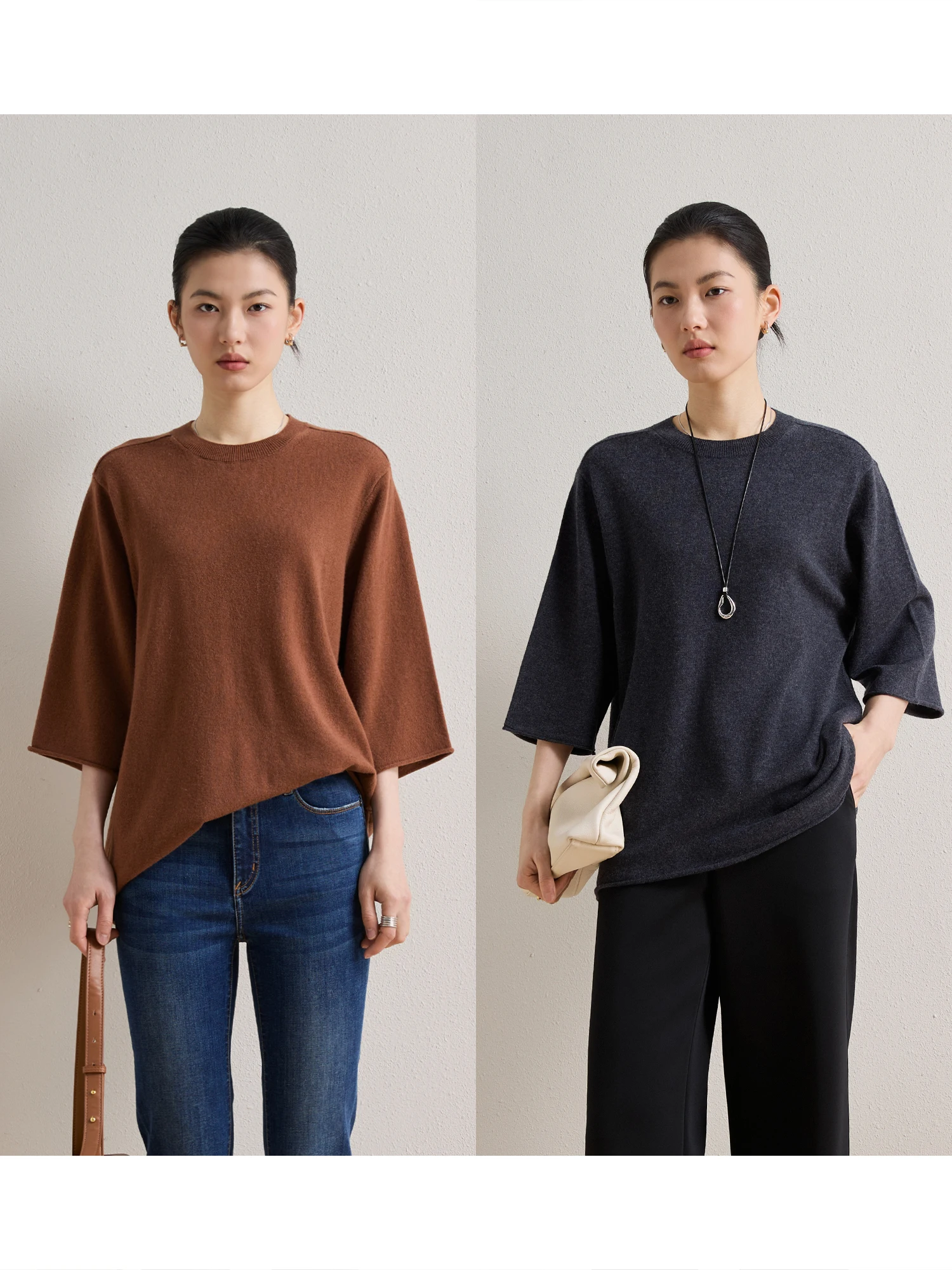 

ChangDX Loose Knitted Woolen Top Lightweight Seven-Quarter Sleeve round Neck Casual Comfortable Soft Pure Color Lazy Style