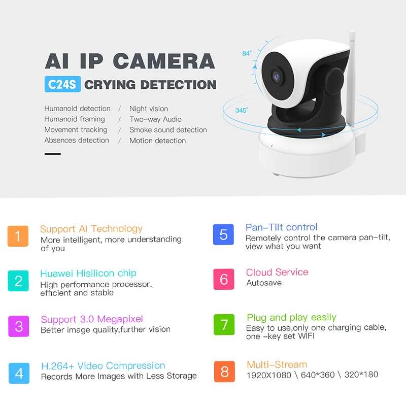 Vstarcam 1MP/3MP IP Camera C24S AI Humanoid Recognition Auto Tracking Wifi Camera IR CCTV Video Security Camera Remote IR View