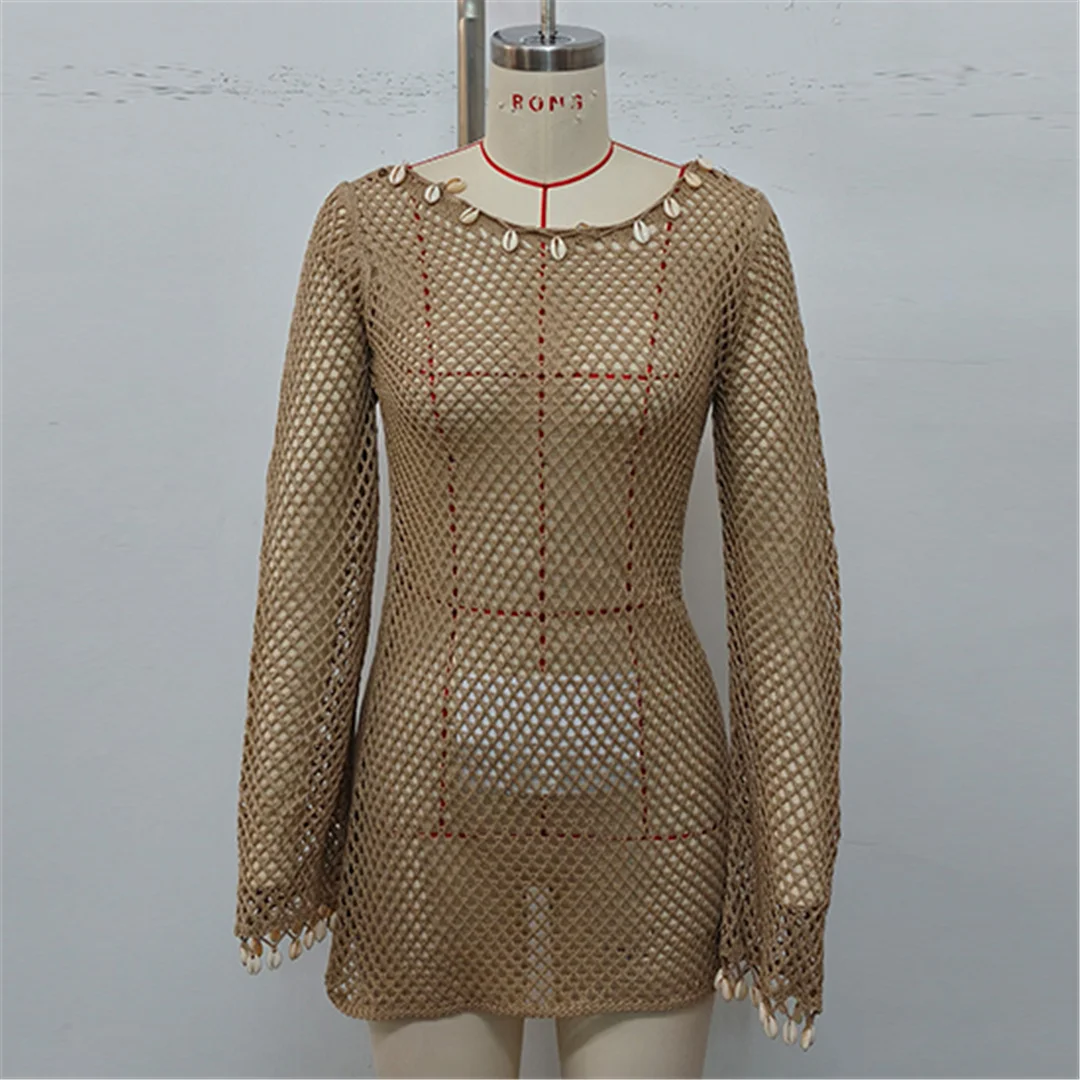 Gekräuseltes, langärmliges, ausgehöhltes, gehäkeltes, gestricktes Strandkleid, Strandmode, Strandbekleidung, Strand-Cover-up, Damen V7145 – Detail 13