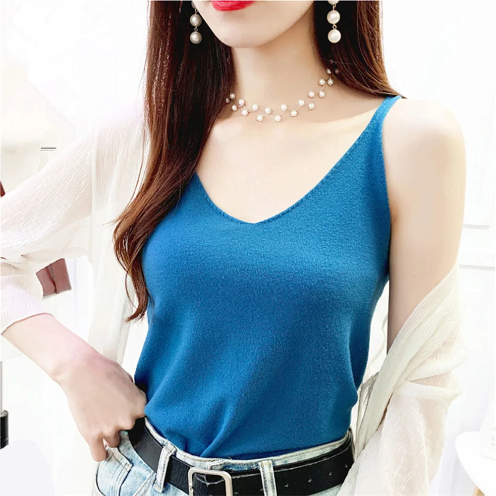 

Beach Day Casual Outing Black Womens Knitted Camisole Fashionable Summer Tank Top Casual V-neck Sleeveless Perfect For Summer