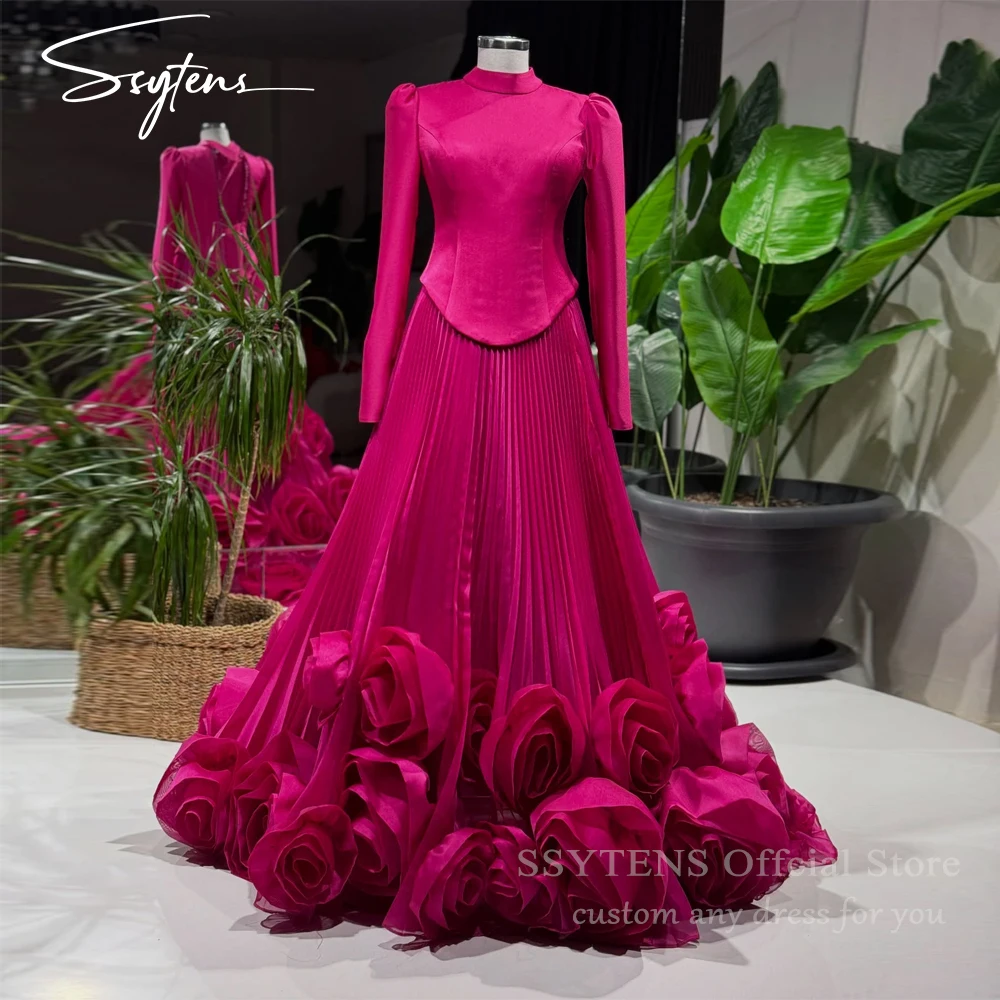 SSYTENS a-line زهور ثلاثية الأبعاد فساتين لحضور الحفلات الموسيقية بدون حمالات فساتين سهرة عربية من الأورجانزا بأكمام طويلة مناسبة خاصة حسب الطلب