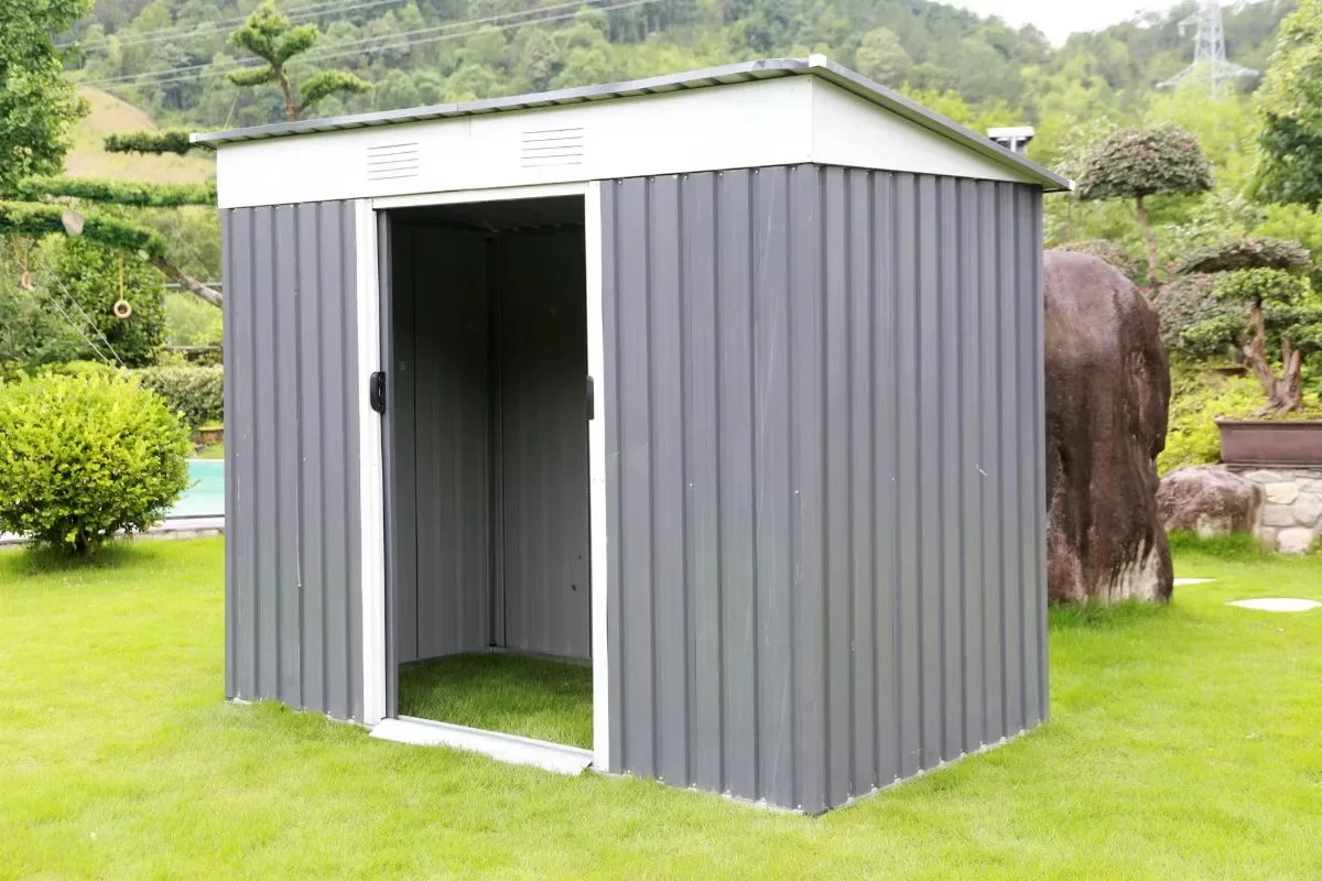 Galvanized Metal tool storage garden Shed including sliding doors with or without foundation of color green grey black