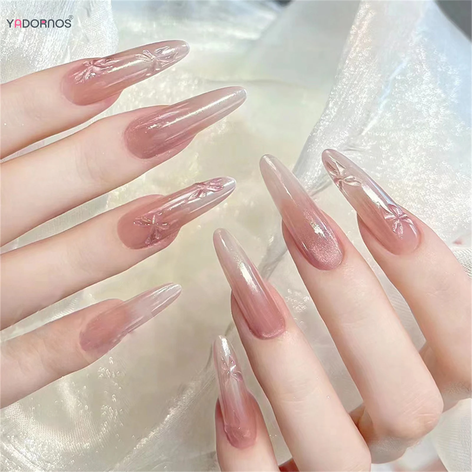 Pink Fake Nails 3D Butterfly Designs Long Almond Press on Nails Sweet Charms Manicure for Women Girls Daily Party False Nails