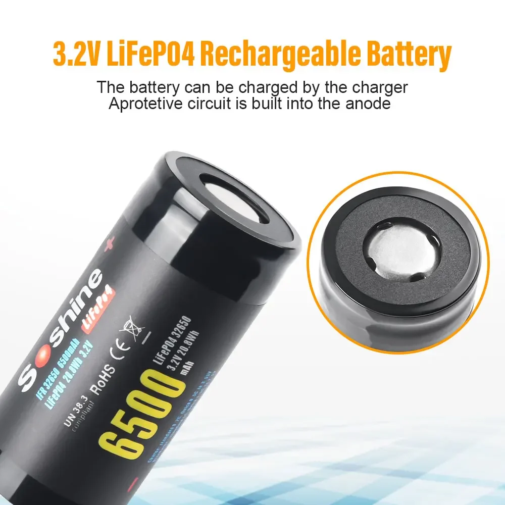 Soshine 3.2V 6500mAh Rechargeable Battery 100% Original 3.2V 32650 6500mAh Batteries32650 LiFePO4 Battery 2000 Discharge Cycle