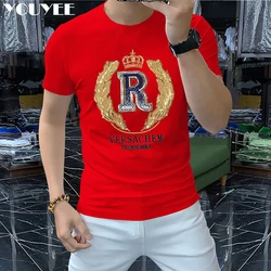 T-shirt Men's 2022 New Summer Short Sleeve Letter Crown Sequin Embroidery O-Neck Slim Red Top Luxurious Trend Party Man Clothing