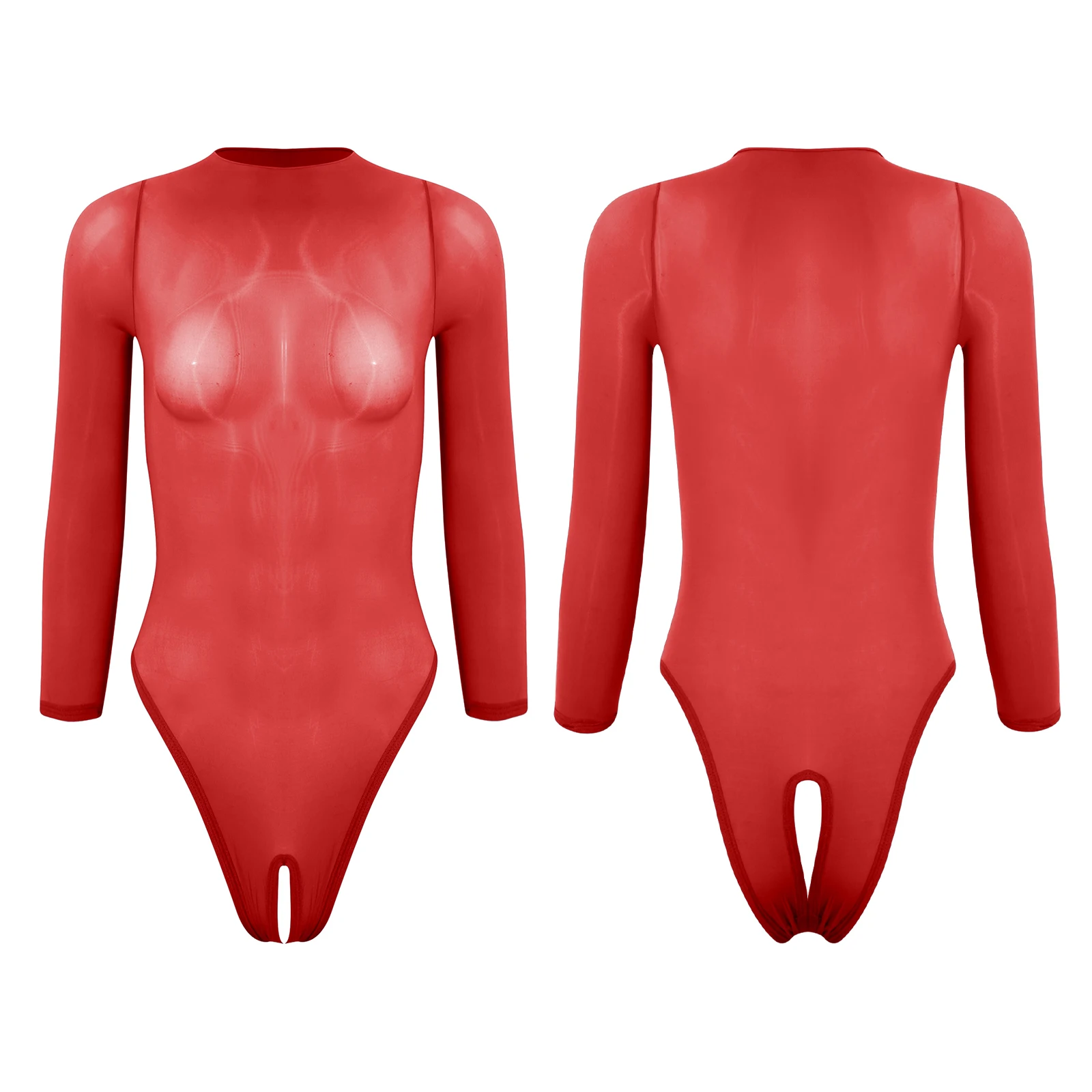 

Women Glossy See Through Open Crotch Bodysuit Stretchy Mock Neck Long Sleeve Bodycon Leotard Jumpsuit Sexy Nightwear Lingerie