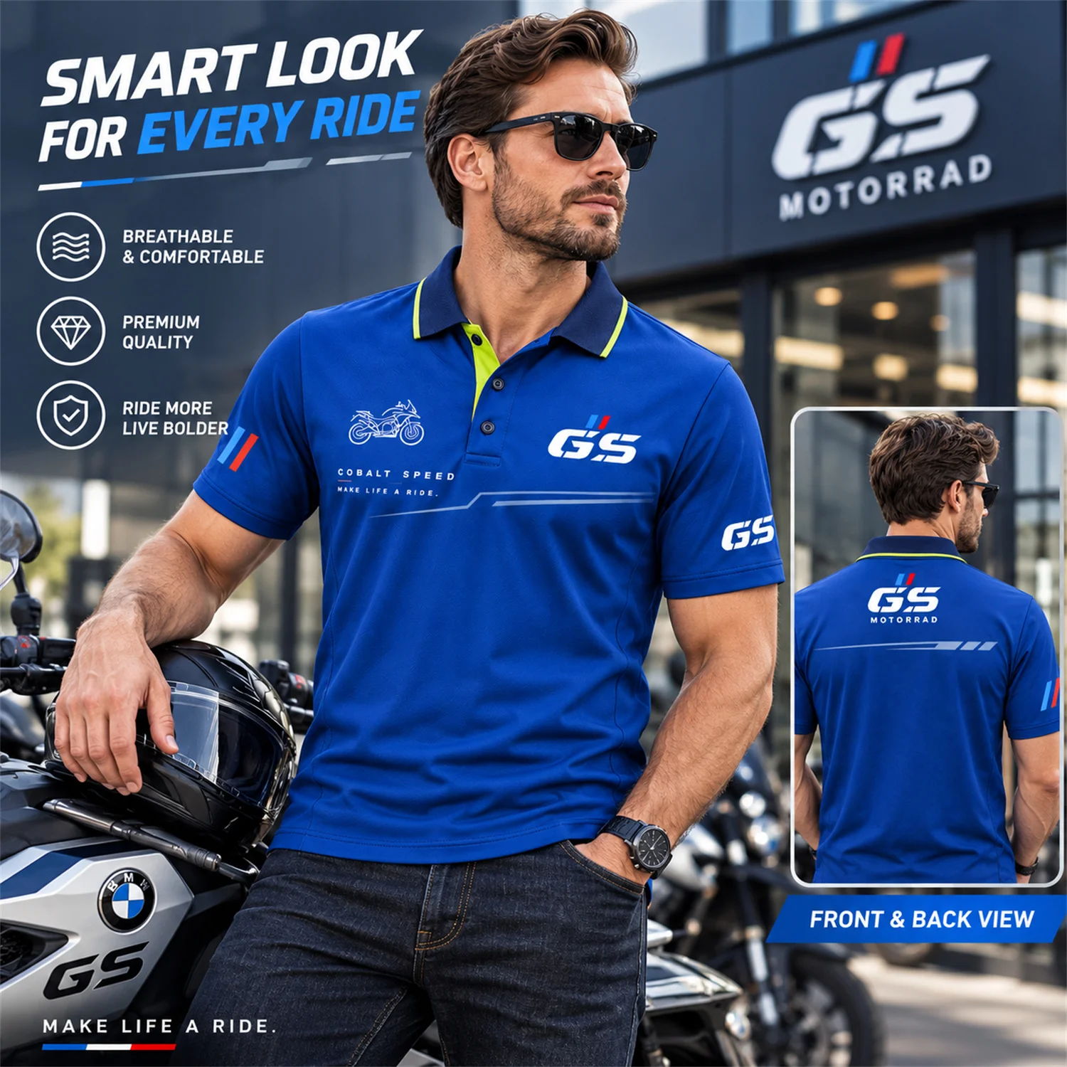 GS Motorrad Motorcycle Polo Shirt Cobalt Speed Graphic Print Short Sleeve Riding Jersey Unisex Biker Adventure Outdoors