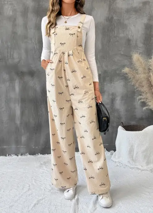 Women's Jumpsuit 2025 New Sweet Style Jumpsuit Butterfly Knot Warm Corduroy Suspender Overalls Minimally Casual Elegant Jumpsuit