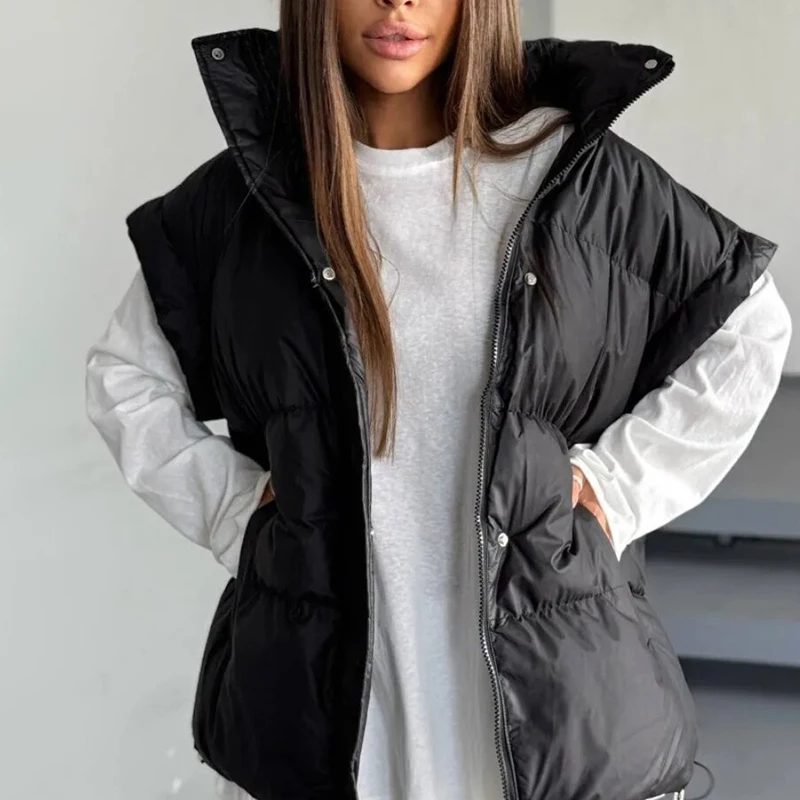 Elegant Women Cotton Vest Jacket Stand Collar Zipper Waist Cinched Sleeveless Lightweight Coat Autumn Winter Chic Office Outfit