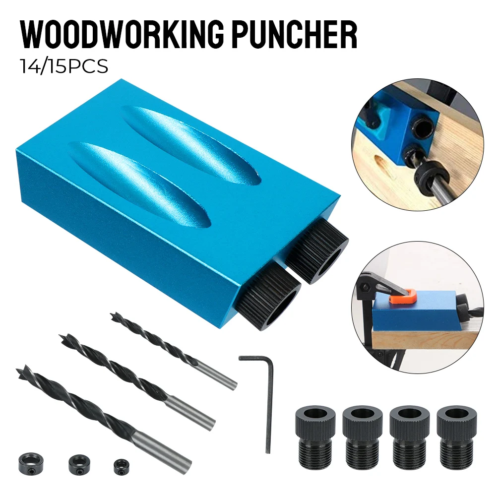 

7/14/15Pcs Woodworking Hole Drilling Guide Locator With Drill Bit Set 15 Degrees Pocket Hole Jig Kit Hole Puncher