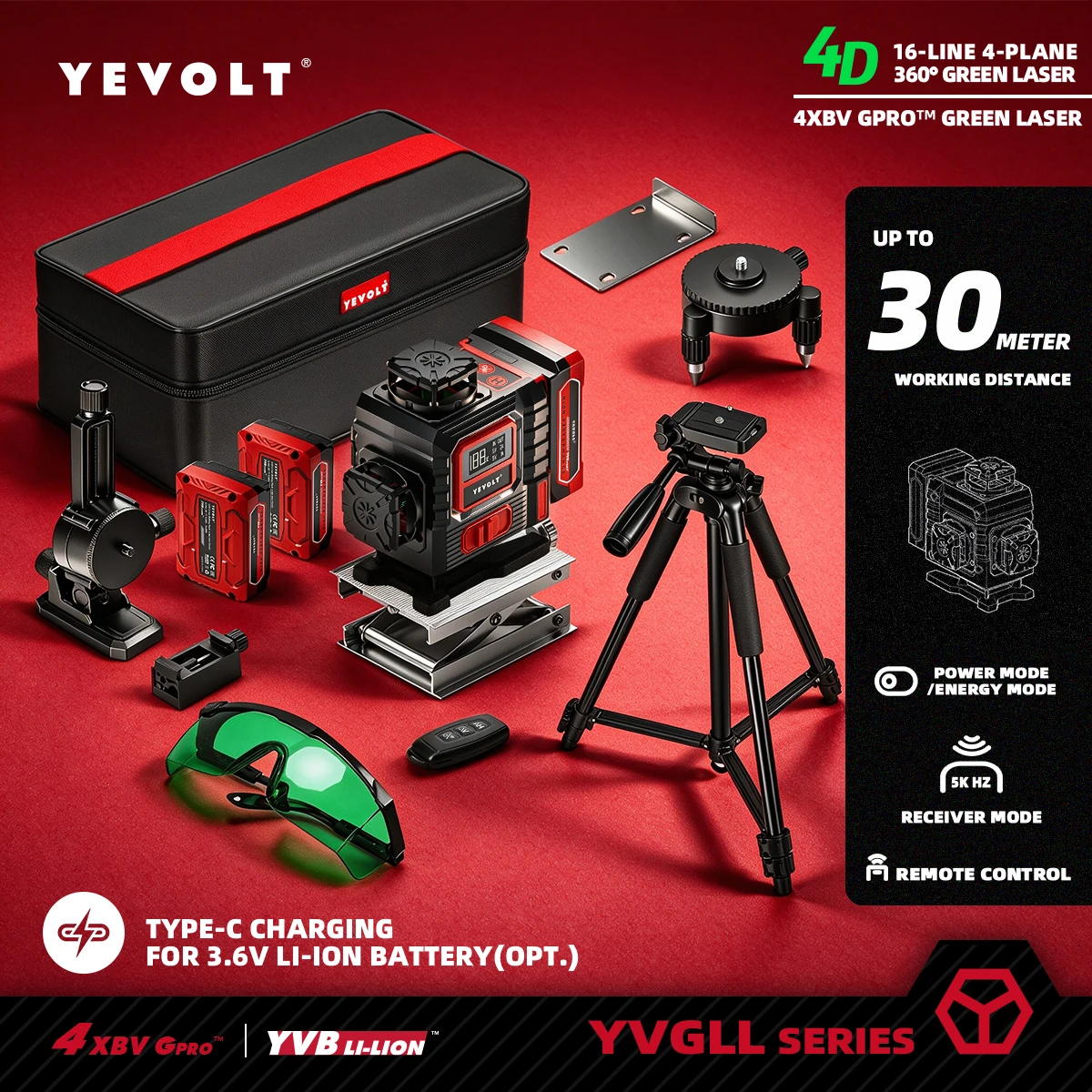 YEVOLT Laser vert 4D 16 lignes, couverture 360° auto-nivelante pour travaux de rénovation intérieure, bricolage domestique, rails de chaise et carrelage