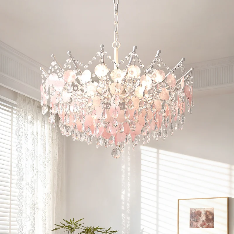

French Medieval Pink Shell Crystal Led Chandeliers Romantic Living Room Decor Pendant Lights Home Bedroom Hanging Lamps Fixtures