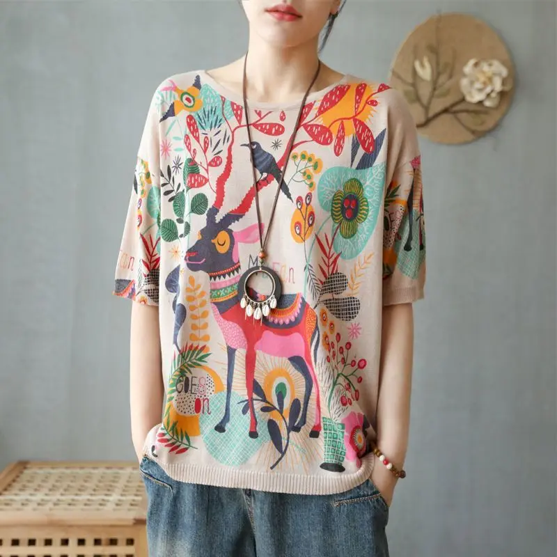 

Женские трикотажные футболки с коротким рукавом, свободные топы оверсайз с круглым вырезом, летний тренд, футболка с принтом лося, модный ретро-дизайн, повседневная футболка