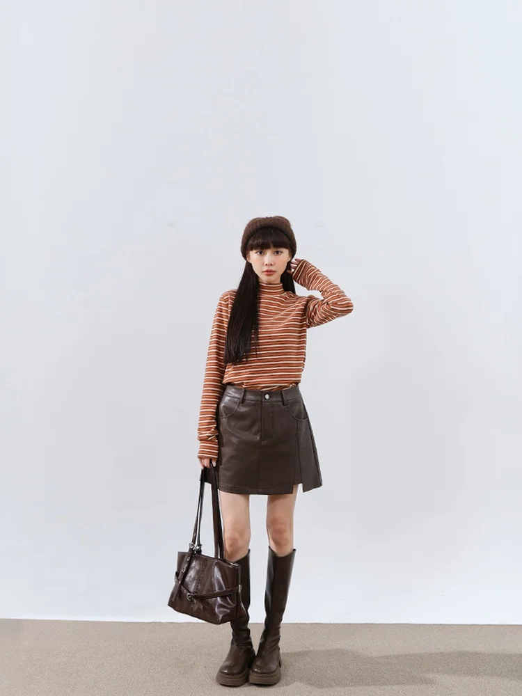 

Новая женская футболка Queenop с высоким воротником и длинными рукавами, в полоску, с цветовыми вставками, повседневная, универсальная, из хлопка