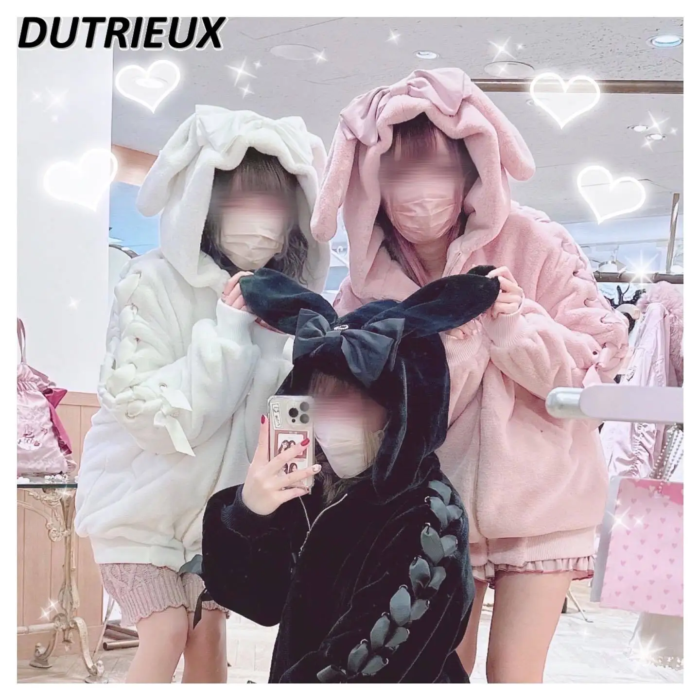 High Quality Japanese Winter Coat Sweet Cute Mine Cute Rabbit Ear Plush Cotton Jacket Sweet Girls Lolita Coats for Women Clothes