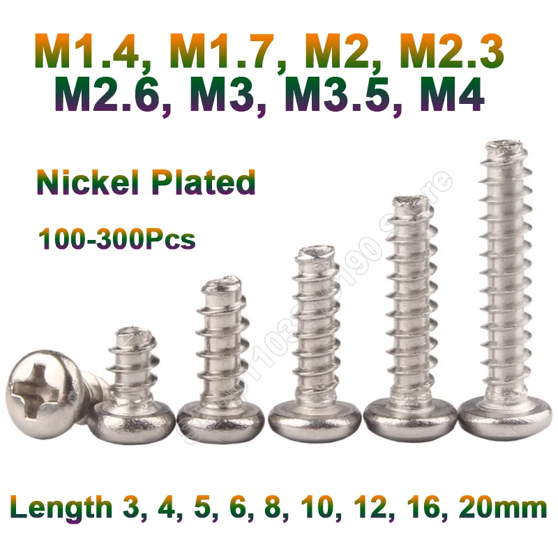 

Mini Micro Small Cross Recessed Phillips Round Head Self-tapping Screw Flat Tail Nickel Plated M1.4,M1.7,M2,M2.3,M2.6,M3,M3.5,M4