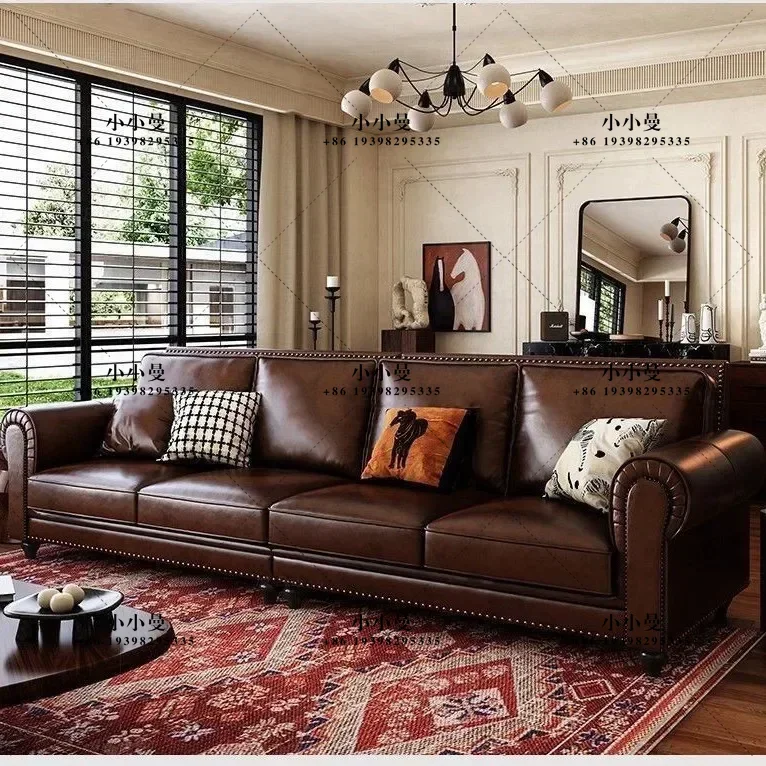 American Big Barton leather sofa oil wax leather brown retro style living room furniture combination