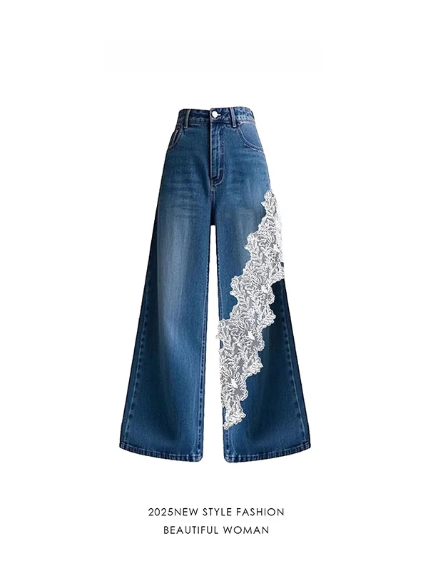 

Женские джинсы Knoinghead прямого кроя с кружевной отделкой, повседневные длинные брюки для работы и отдыха, на все сезоны, большие размеры